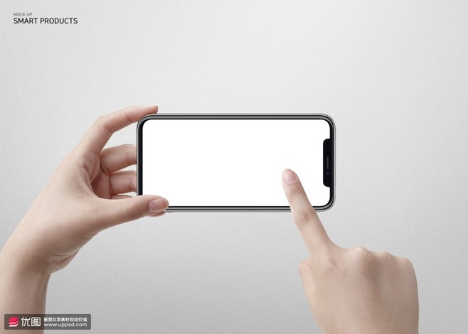横版手持苹果智能手机样机海报 智能科技，触手可及